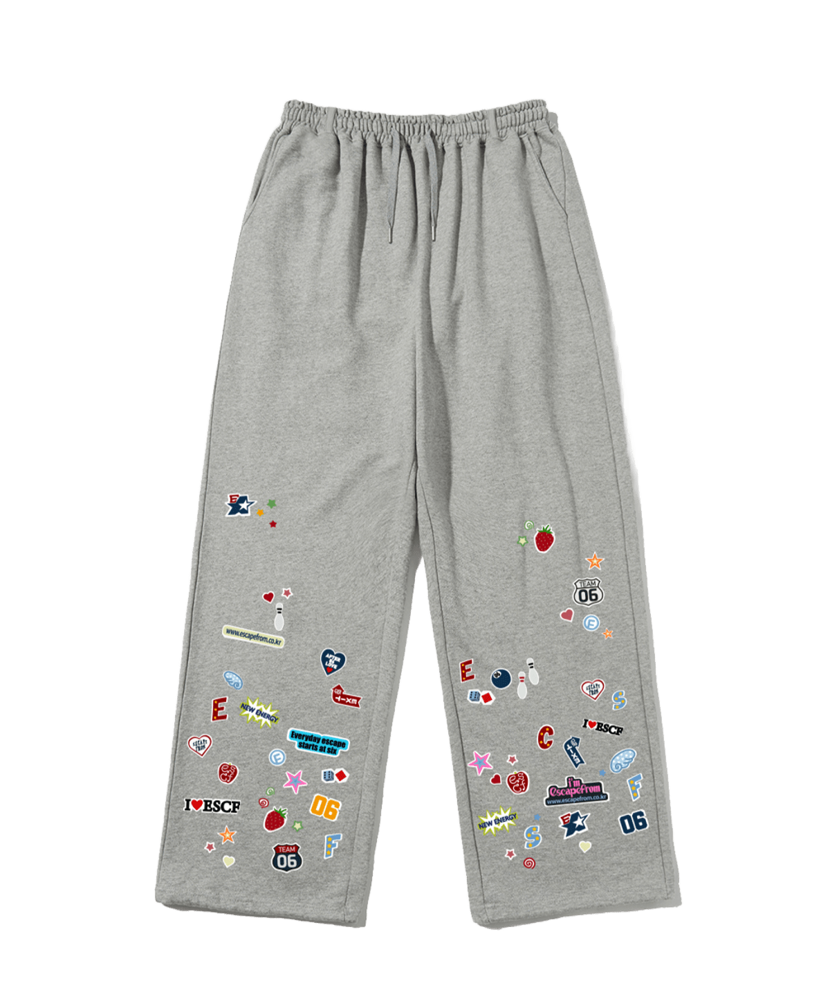 E261SP011GR Escapefrom Symbol Collage Patch Print Sweatpants Gray