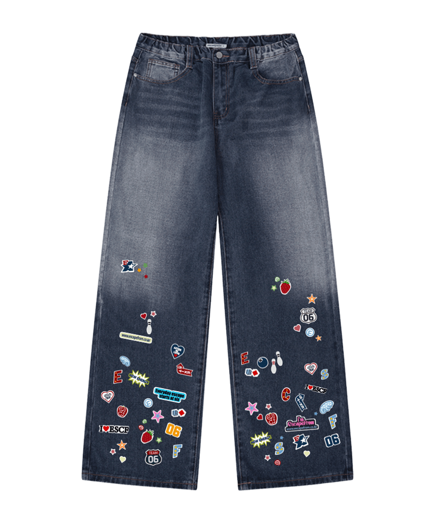 이스케이프프롬 심볼 콜라주 패치 프린트 데님팬츠 진청(Escapefrom Symbol Collage Patch Print Denim Pants Dark Blue Wash) - 1