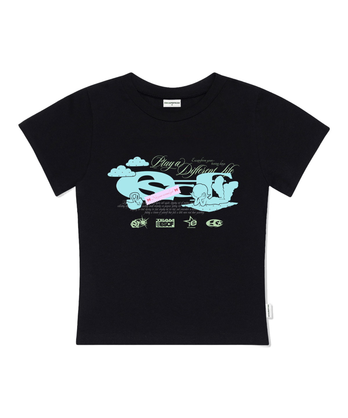 E261STS086BK Escapefrom Picnic Girl ESCF Logo Collage Print Slim Fit T-Shirt Black