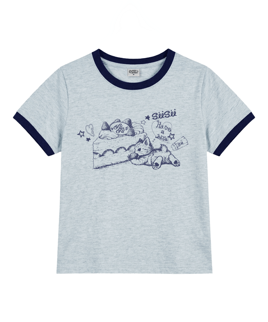P261LTS006MB pagesiisii Vintage Cat Print Ringer T-Shirt Melange Blue