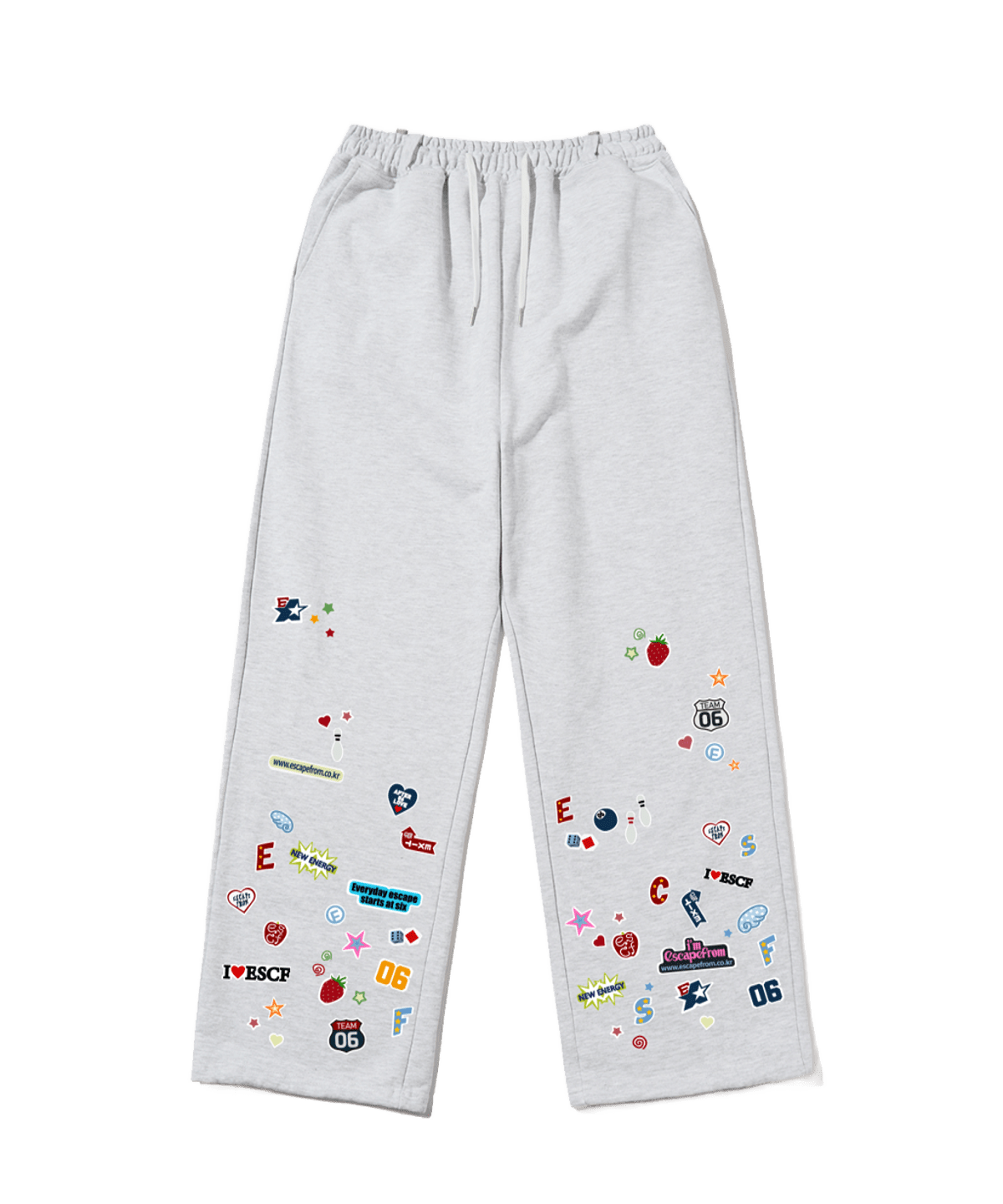 E261SP010WM Escapefrom Symbol Collage Patch Print Sweatpants White Melange