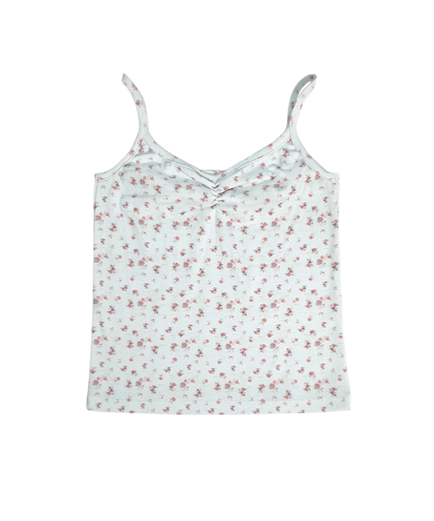 E261SL022RR Escapefrom Dusty Flower Dot All-Over Print Shirring Point Sleeveless Top Ivory