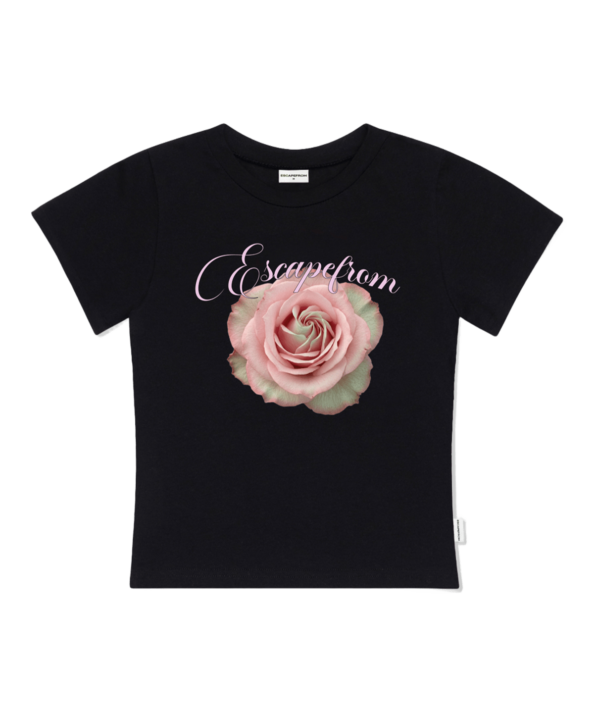 E261STS035BK Escapefrom Pink Real Rose Print Slim Fit T-Shirt Black