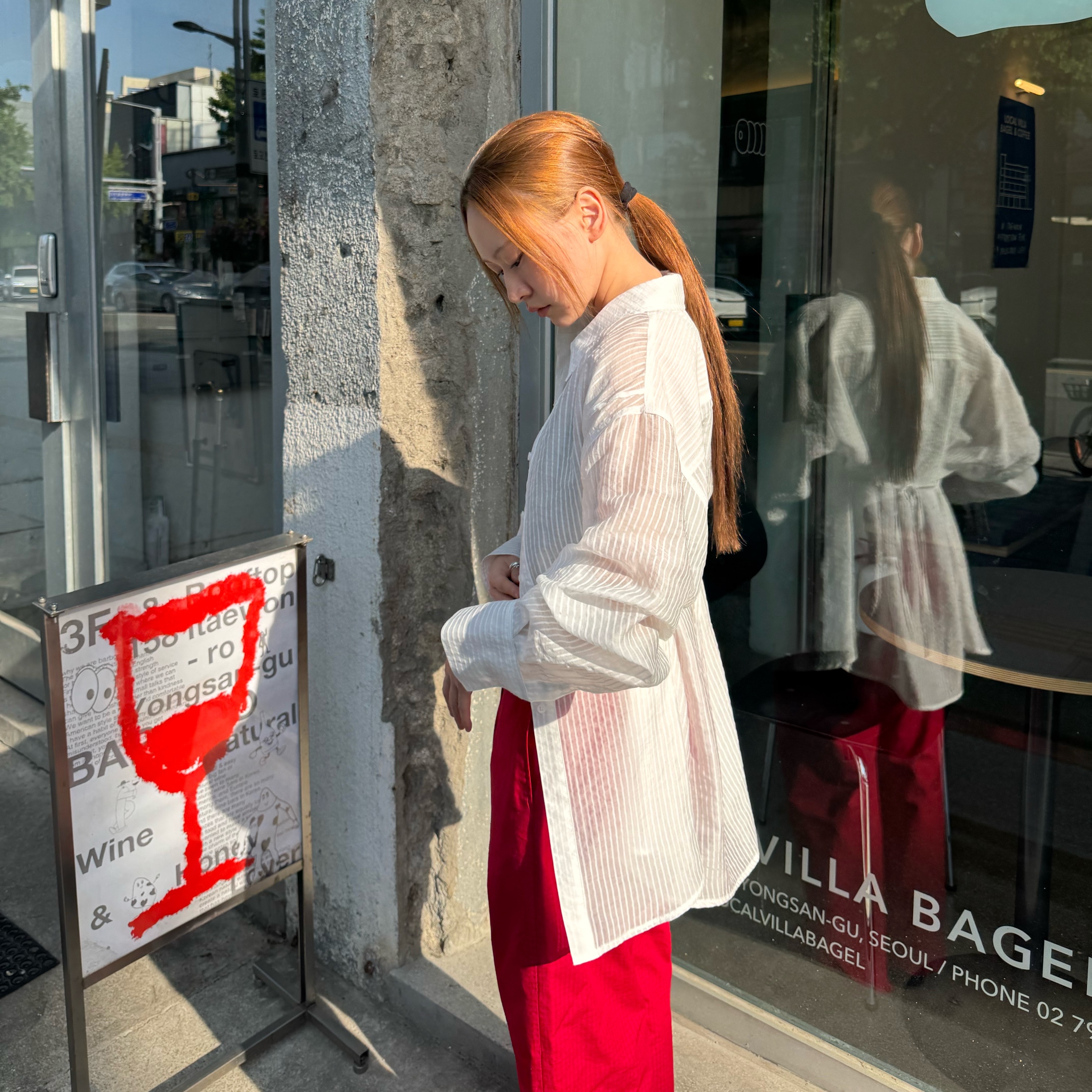 GBH APPAREL Sheer Strap Blouse / White, GBH APPAREL Frill Pants / Red 착용 스타일