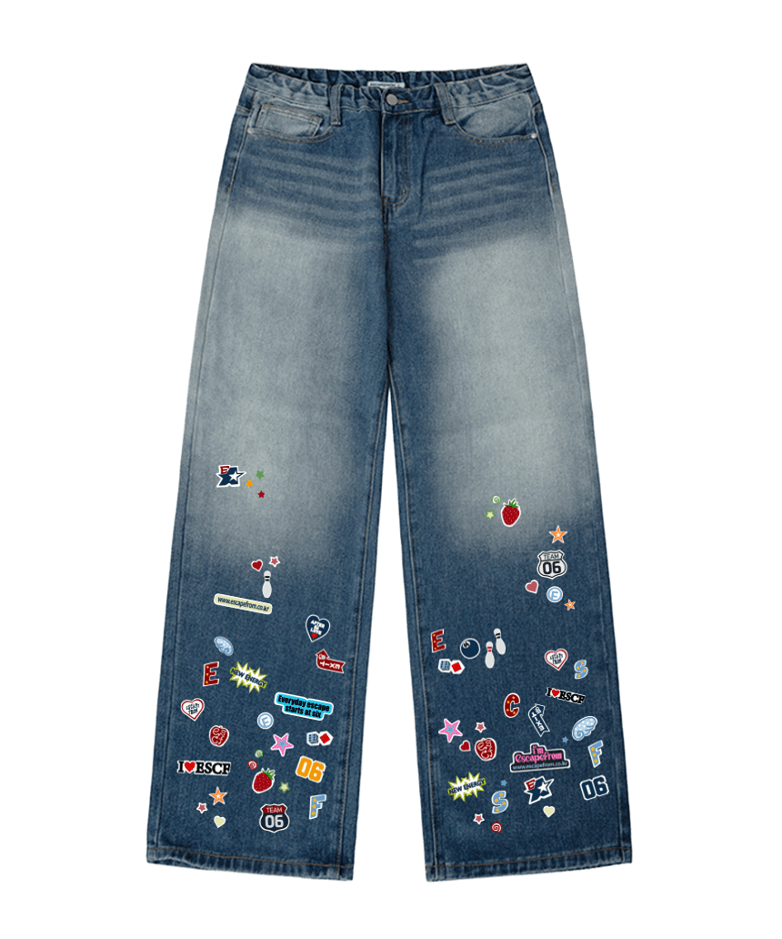 E261DP026BL Escapefrom Symbol Collage Patch Print Denim Pants Medium Blue Wash