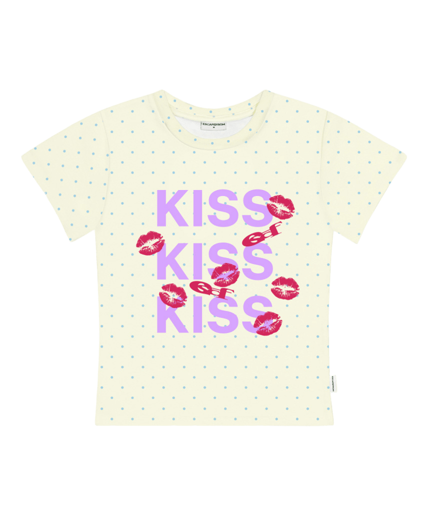 E261STS142RR Escapefrom Kiss Kiss Kiss Print Dot Slim Fit T-Shirt Lemon