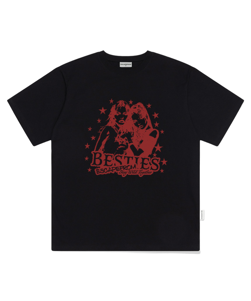 E261OTS123BK Escapefrom Bestie Print Oversized T-Shirt Black