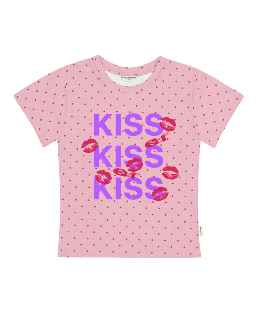E261STS145RR Escapefrom Kiss Kiss Kiss Print Dot Slim Fit T-Shirt Pink