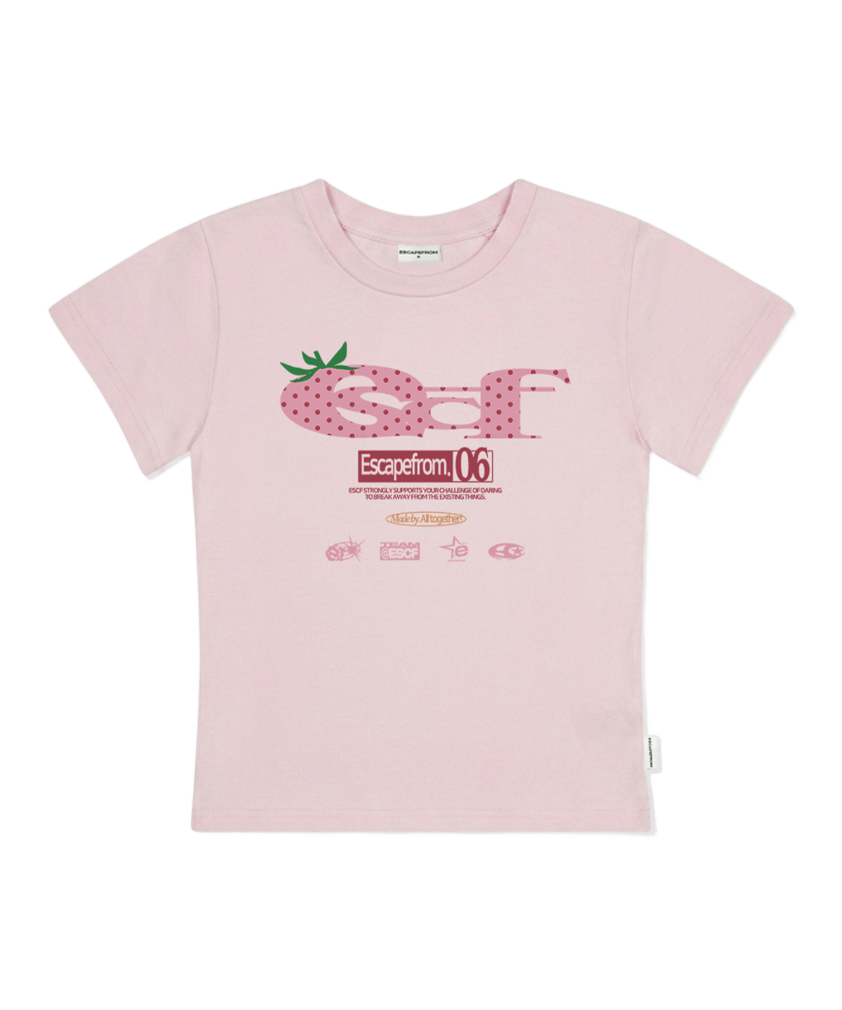 E261STS041PN Escapefrom Strawberry Dot ESCF Logo Collage Print Slim Fit T-Shirt Pink
