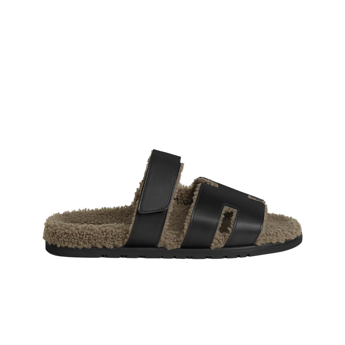 H222865ZH03 Hermes Chypre Sandal Calfskin Woolskin & Noir Etoupe