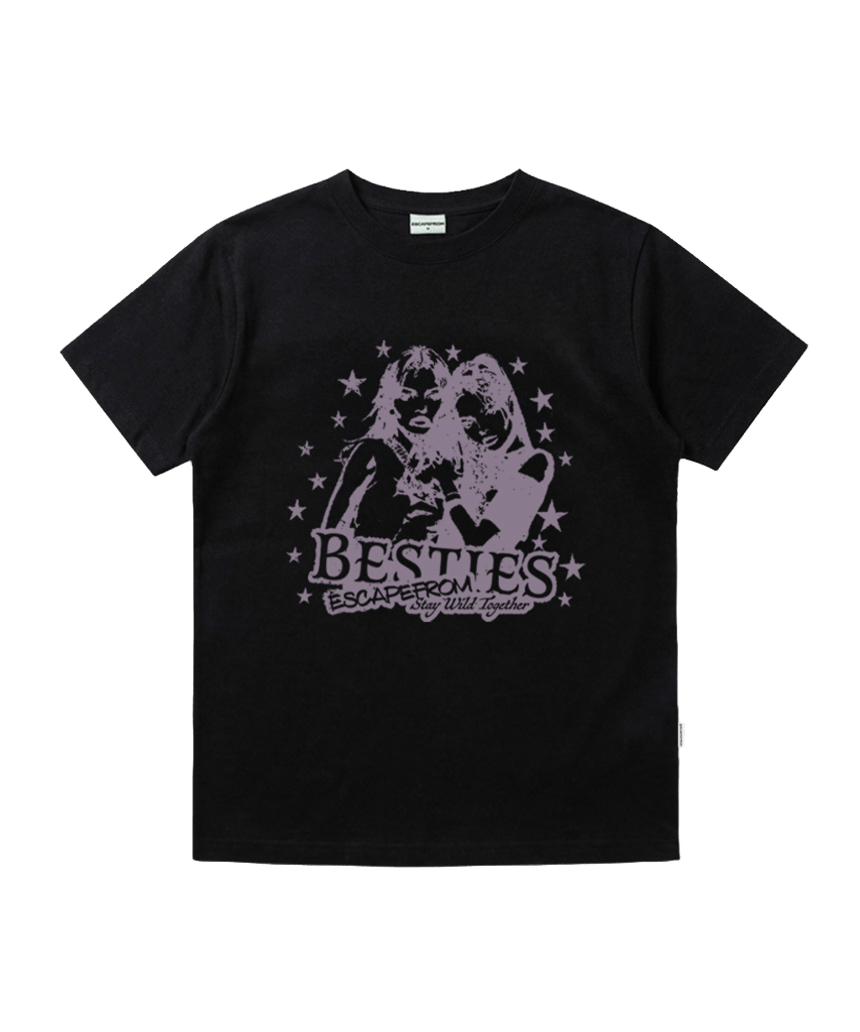E261NTS013BK Escapefrom Bestie Print Standard Fit T-Shirt Black