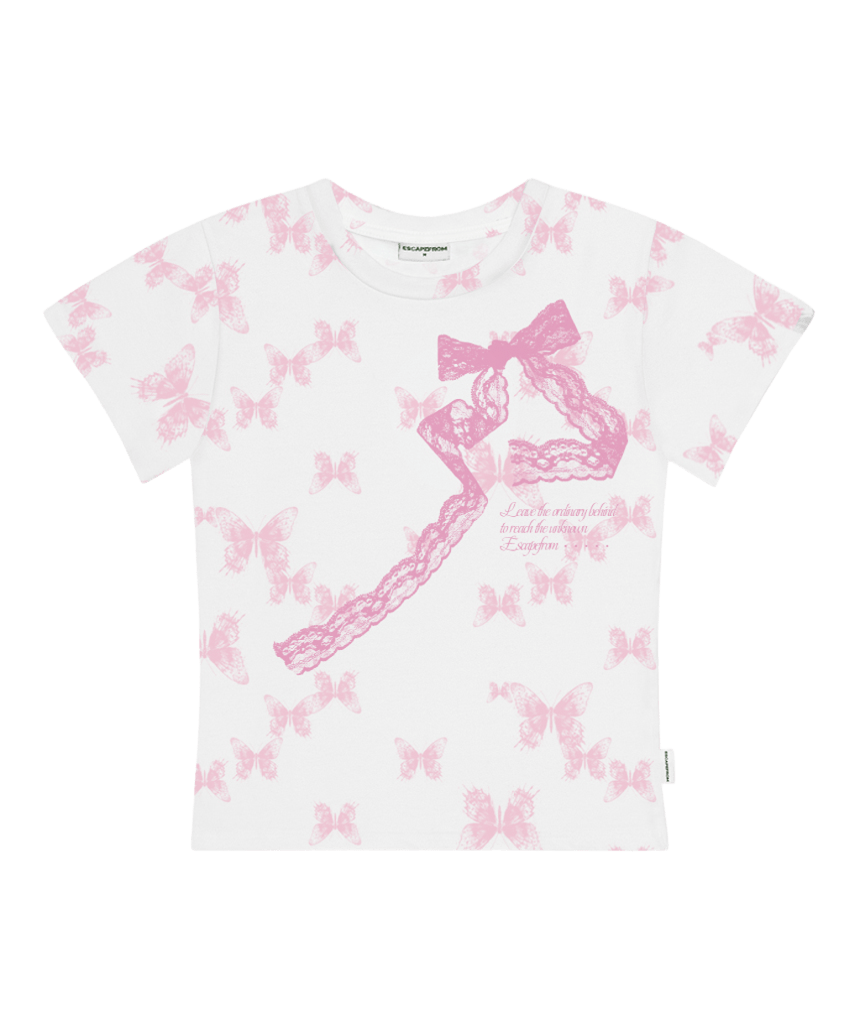 E261STS060RR Escapefrom Unknown Ribbon Butterfly All-Over Print Slim Fit T-Shirt Pink