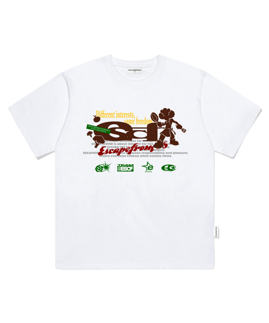 E261OTS051WH Escapefrom Chef ESCF Logo Collage Print Oversized T-Shirt White