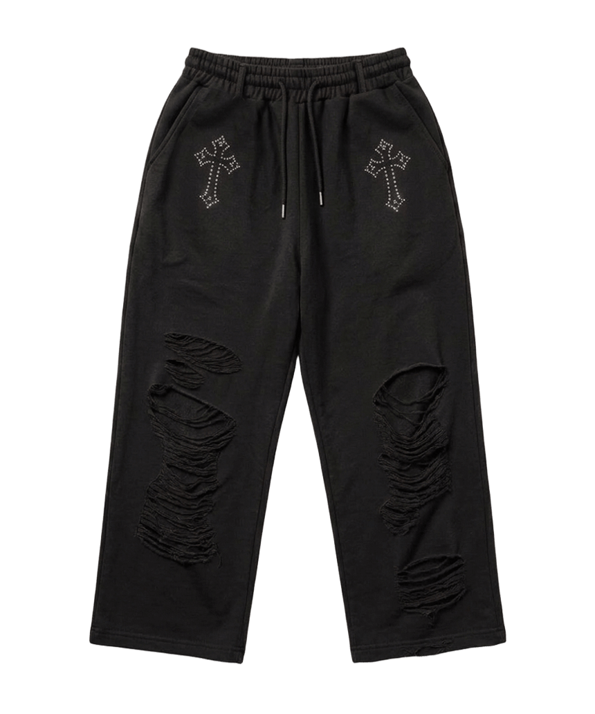 E261DSP006BK Escapefrom Cross Hotfix Distressed Point Sweatpants Black