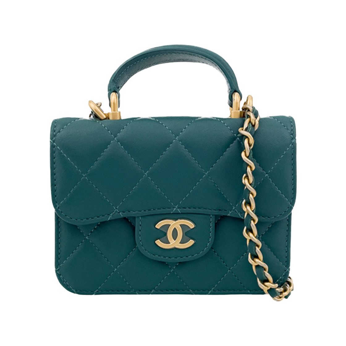 ITCKVR8EEA3G Chanel Mini Top Handle Chain Flap Bag in Dark Green Vintage Lambskin