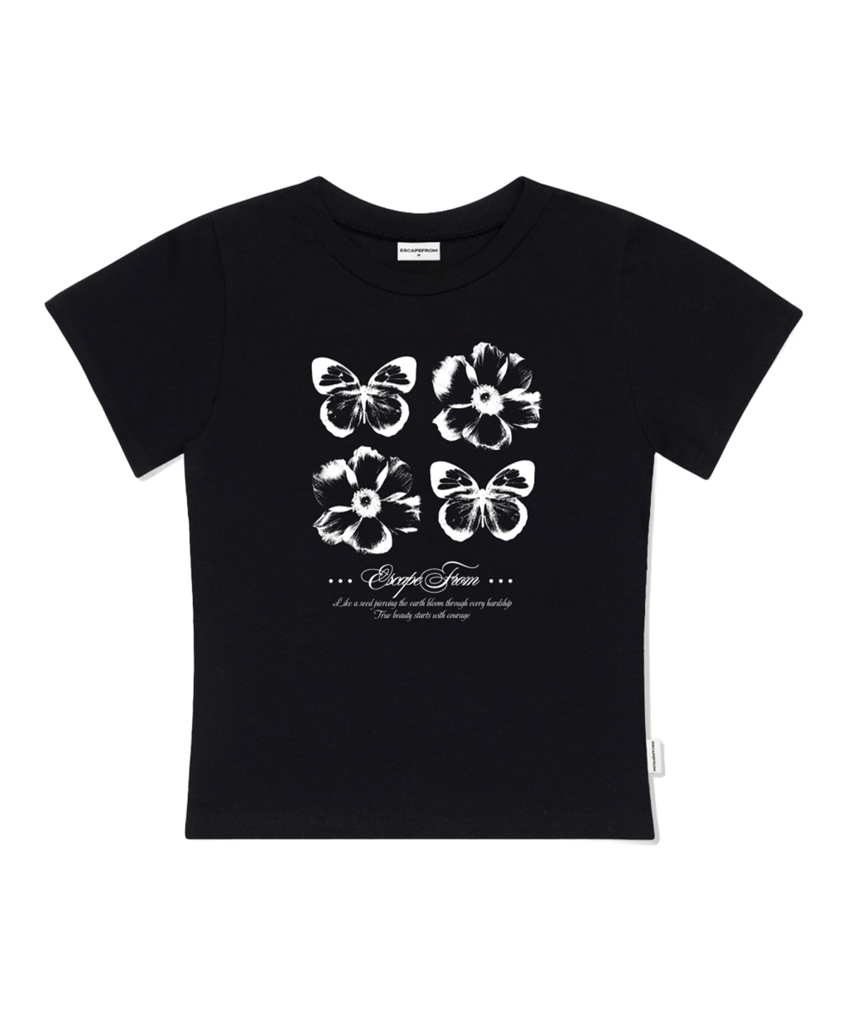 E261STS097BK Escapefrom Butterflower Print Slim Fit T-Shirt Black
