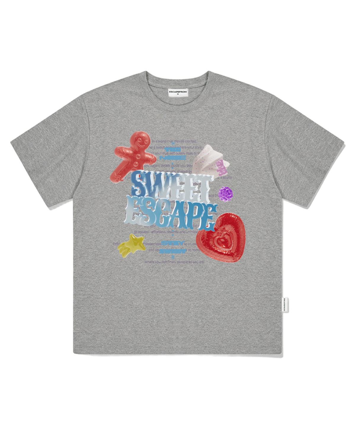 E261OTS136GR Escapefrom Sweet Escape Print Oversized T-Shirt Gray