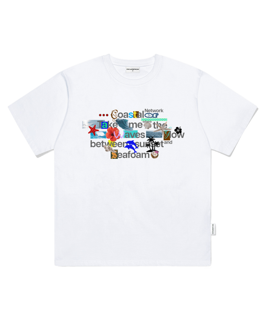 E261OTS168WH Escapefrom Summer Ocean Collage Print Oversized T-Shirt White