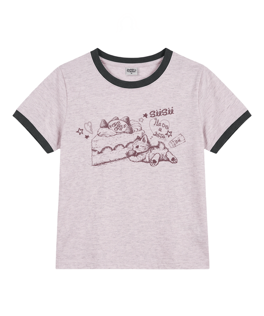 P261LTS007MP pagesiisii Vintage Cat Print Ringer T-Shirt Melange Pink