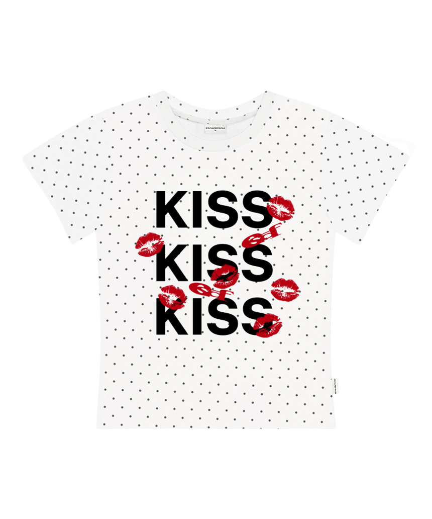 E261STS141RR Escapefrom Kiss Kiss Kiss Print Dot Slim Fit T-Shirt White