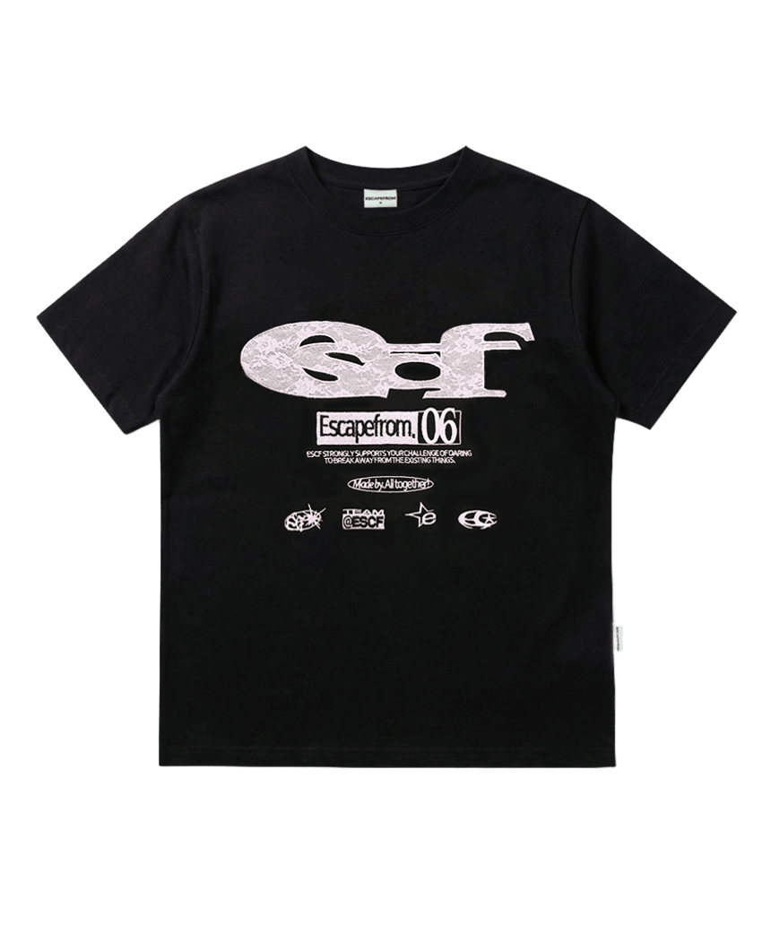 E261NTS009BK Escapefrom Lace ESCF Logo Collage Appliqué Standard Fit T-Shirt Black