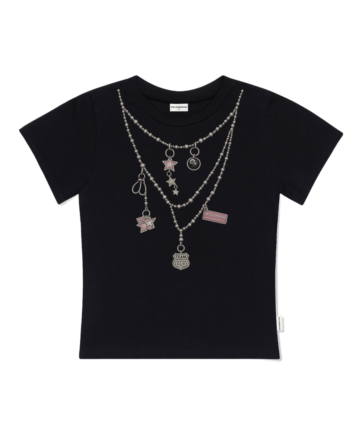 E261STS082BK Escapefrom Kitsch Charm Necklace Print Slim Fit T-Shirt Black