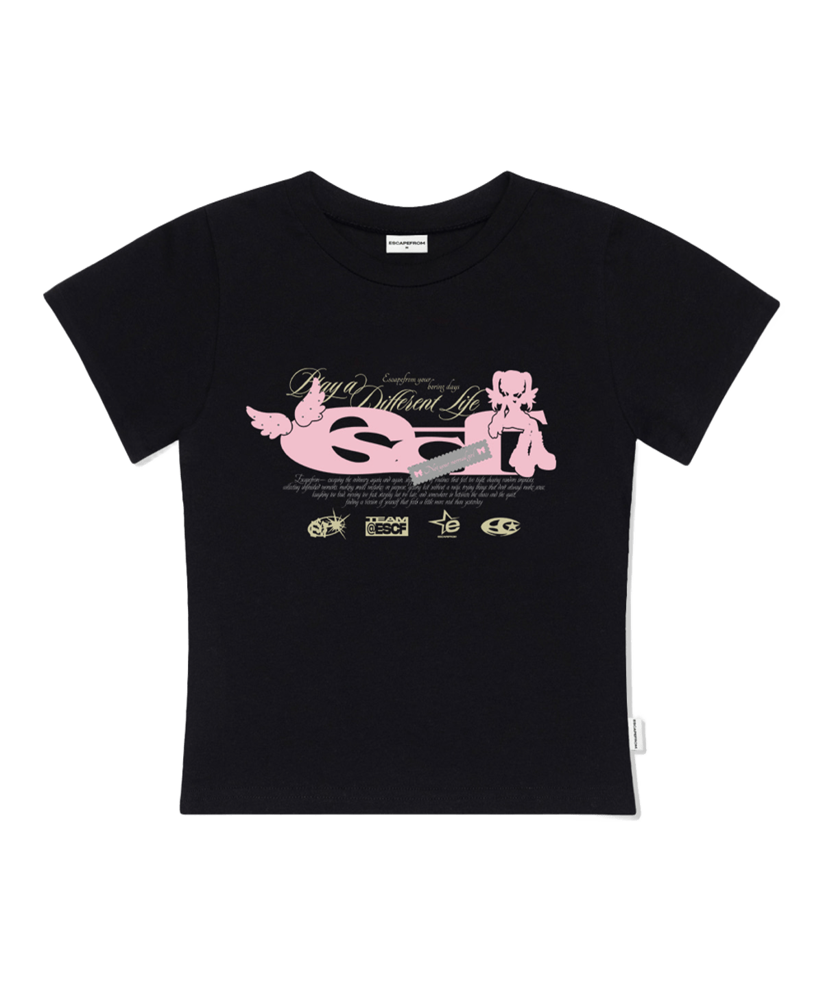 E261STS078BK Escapefrom Angel Cosplay Girl ESCF Logo Collage Print Slim Fit T-Shirt Black