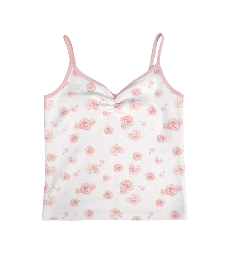 E261SL015RR Escapefrom Big Rose Bouquet All-Over Print Shirring Point Contrast Sleeveless Top Ivory
