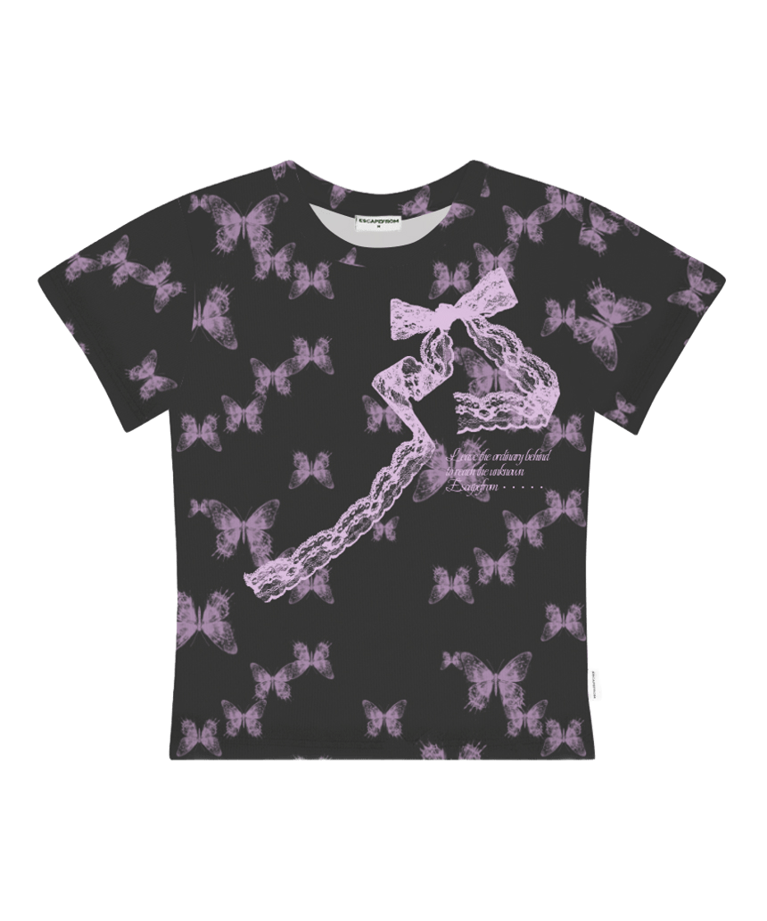 E261STS061RR Escapefrom Unknown Ribbon Butterfly All-Over Print Slim Fit T-Shirt Charcoal