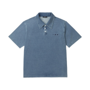 Iro Jareth Denim Texture Button-Collar Short-Sleeve T-Shirt Blue