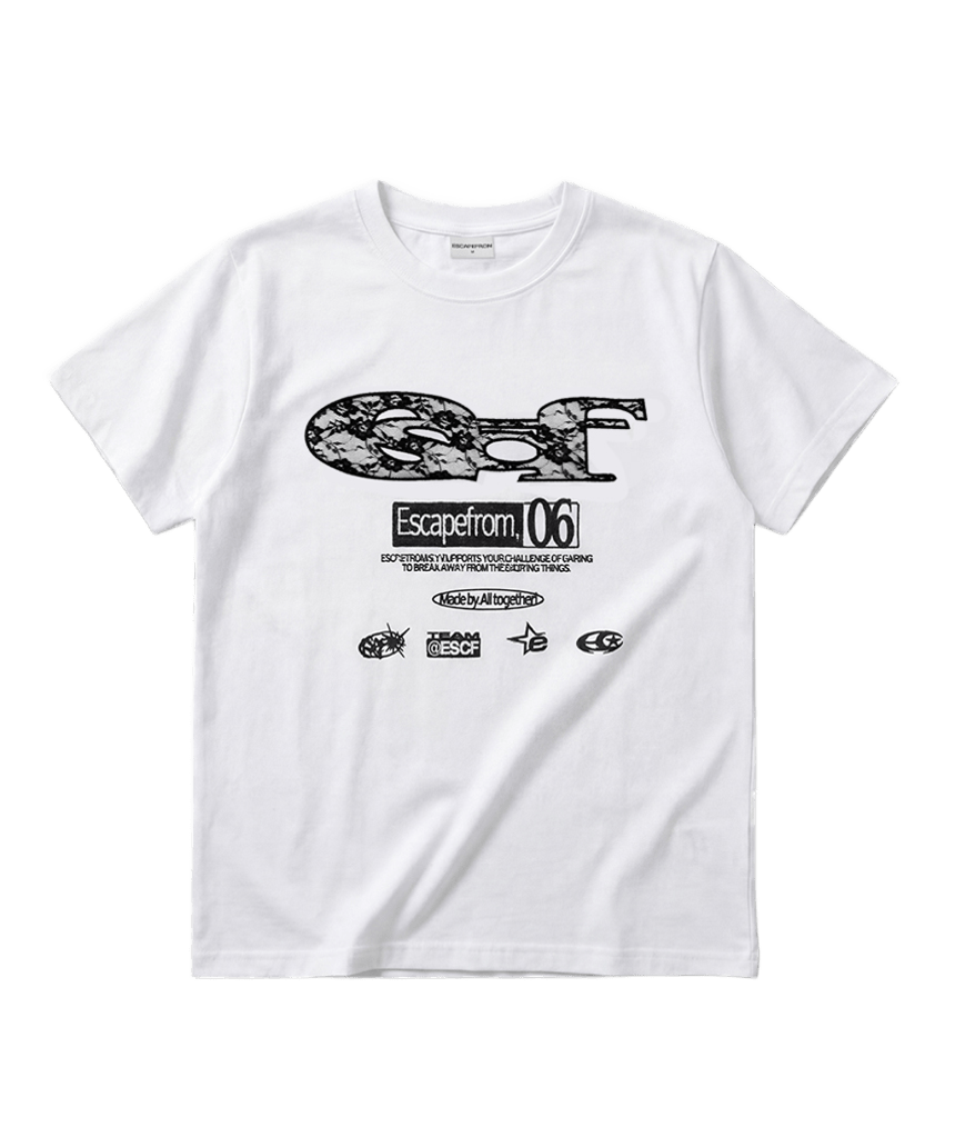 E261NTS008WH Escapefrom Lace ESCF Logo Collage Appliqué Standard Fit T-Shirt White