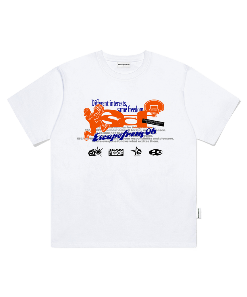 E261OTS057WH Escapefrom Basketball Player ESCF Logo Collage Print Oversized T-Shirt White