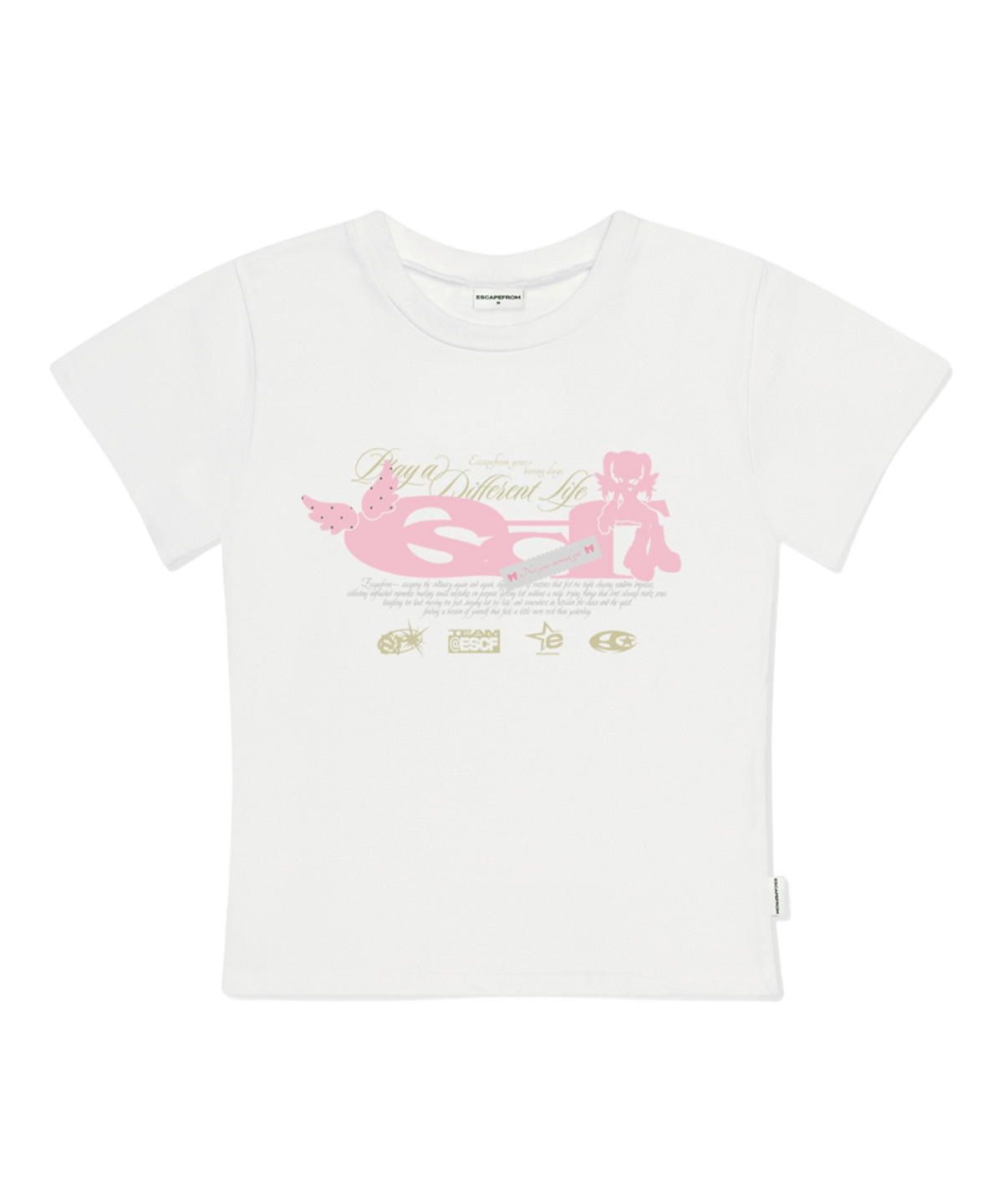 E261STS077IV Escapefrom Angel Cosplay Girl ESCF Logo Collage Print Slim Fit T-Shirt Ivory