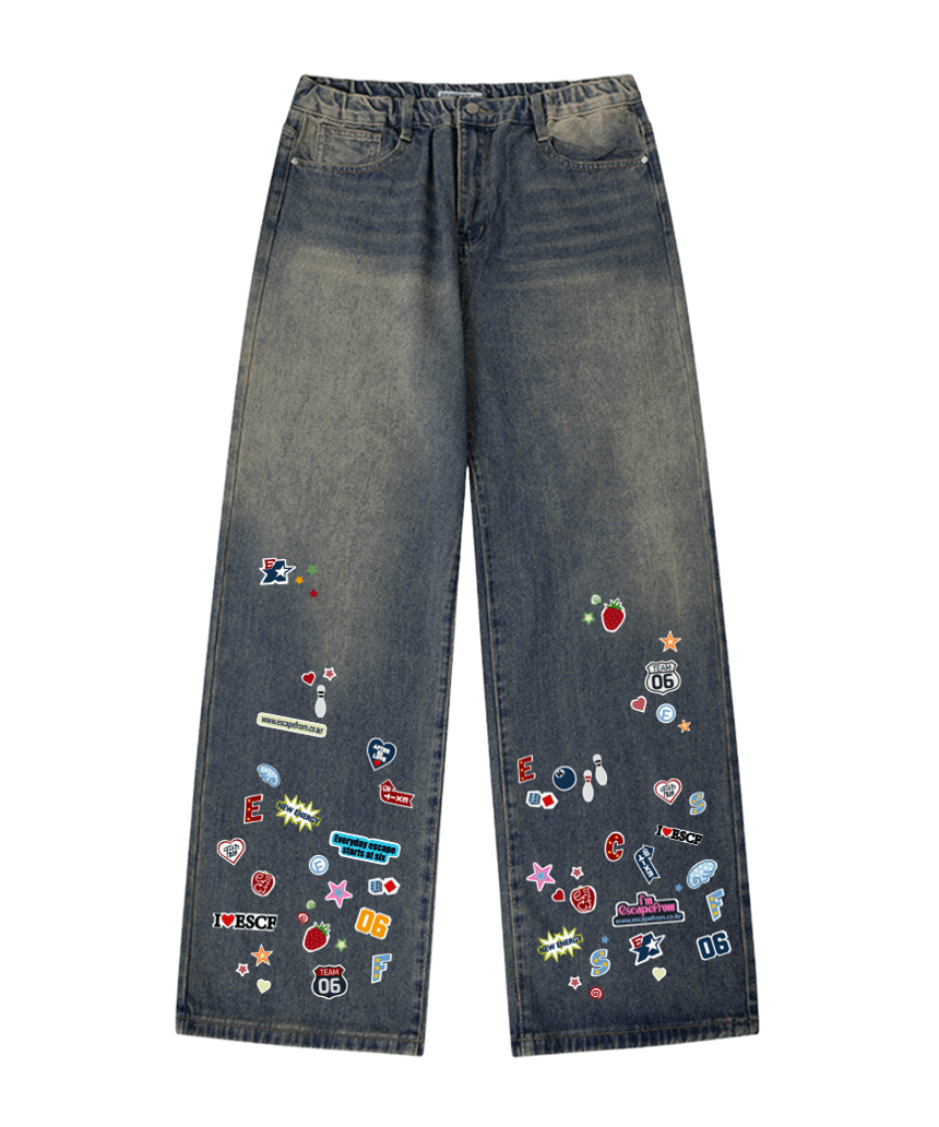 E261DP025VT Escapefrom Symbol Collage Patch Print Denim Pants Vintage Wash