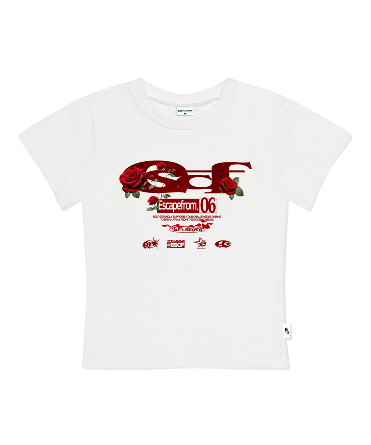 이스케이프프롬 레드 로즈 ESCF 로고 콜라주 프린트 슬림핏 반팔티 아이보리(Escapefrom Red Rose ESCF Logo Collage Print Slim Fit T-Shirt Ivory) - 1
