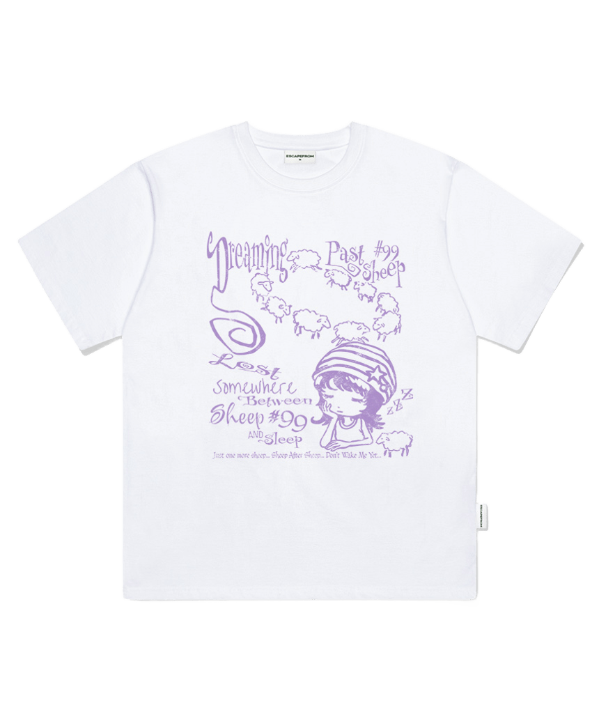 E261OTS047WH Escapefrom Dreaming Sheep Print Oversized T-Shirt White