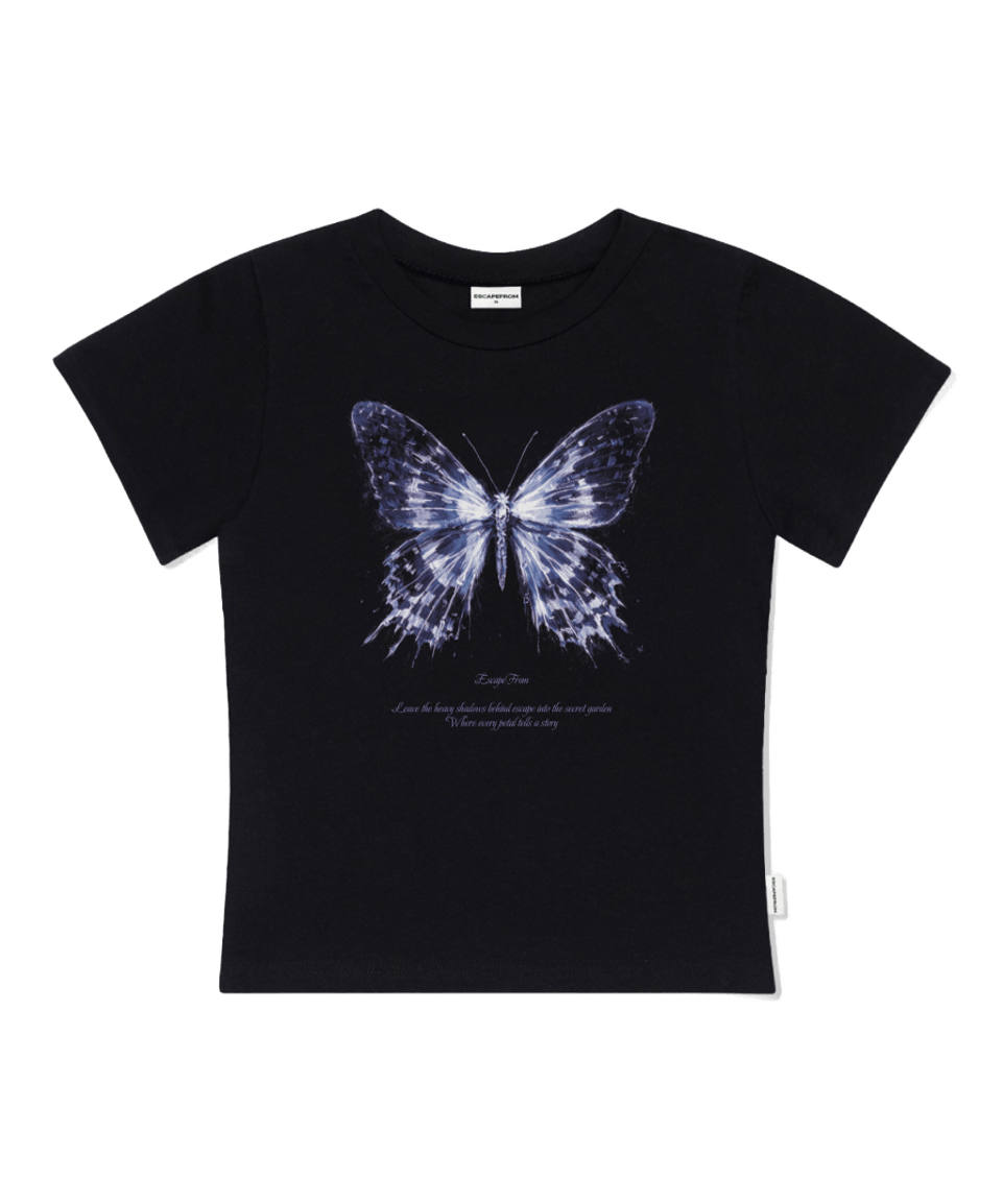 E261STS099BK Escapefrom Glow Butterfly Print Slim Fit T-Shirt Black
