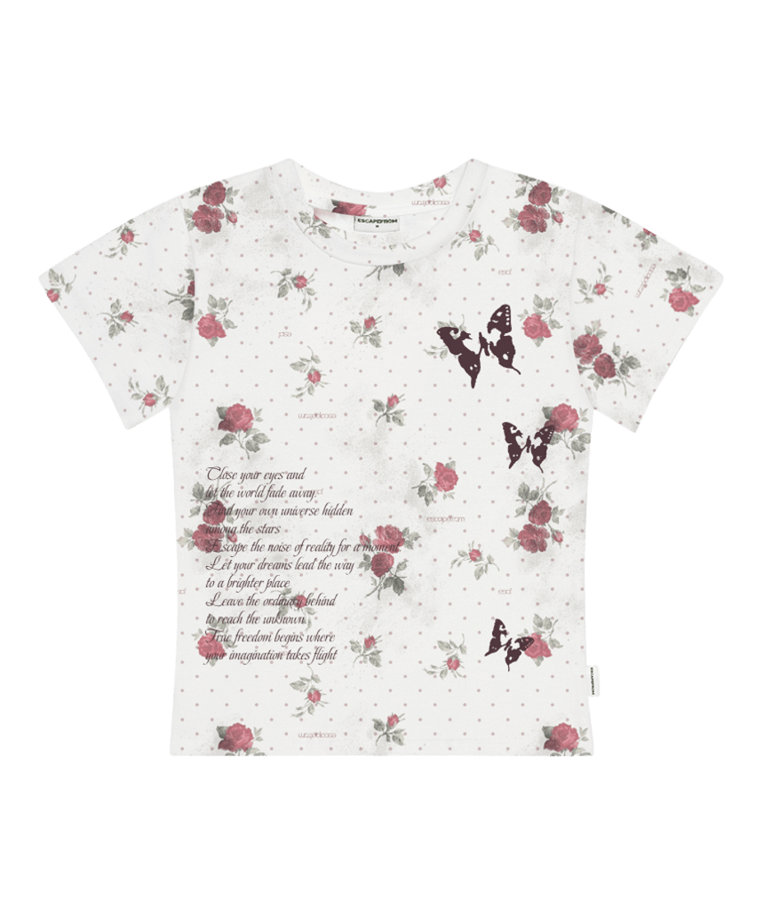 E261STS054RR Escapefrom Butterfly Stamp Dusty Flower All-Over Print Slim Fit T-Shirt Ivory