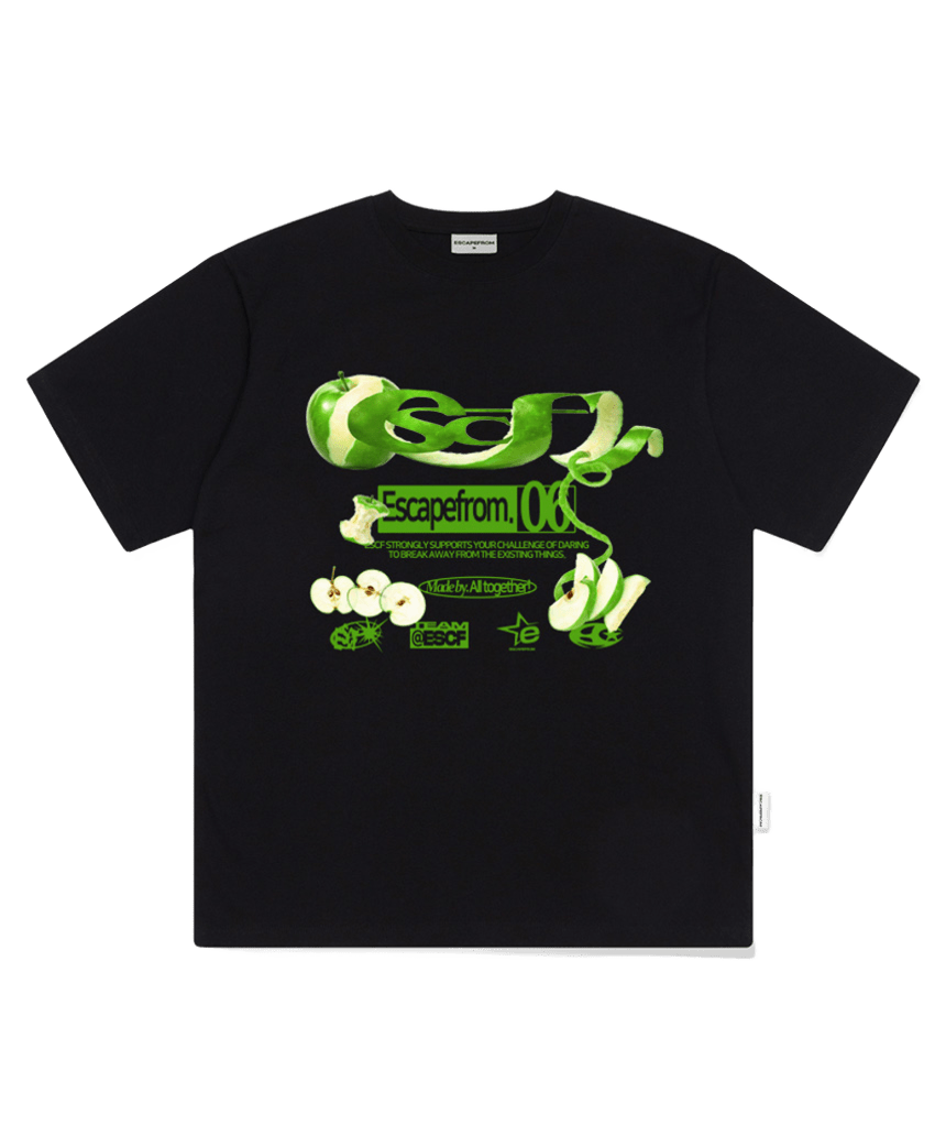 E261OTS078BK Escapefrom Green Apple ESCF Logo Collage Print Oversized T-Shirt Black