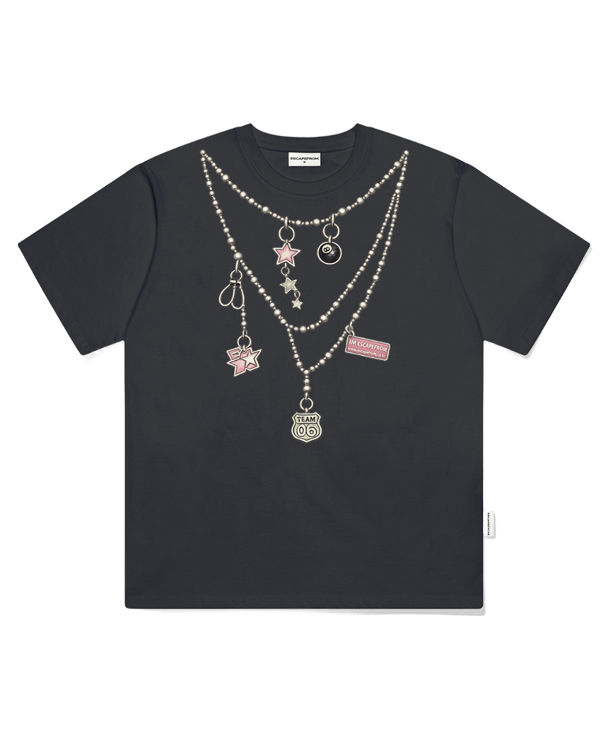 E261OTS134CG Escapefrom Kitsch Charm Necklace Print Oversized T-Shirt Charcoal