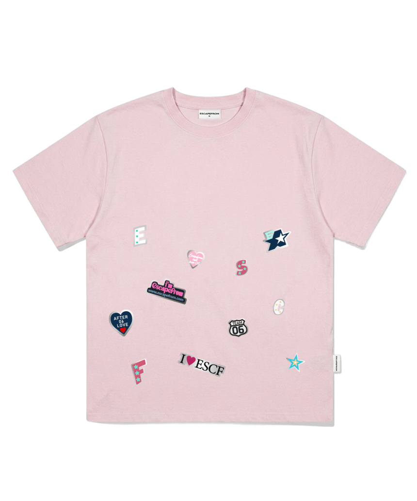 E261OTS147PN Escapefrom Symbol Collage Patch Print Oversized T-Shirt Pink