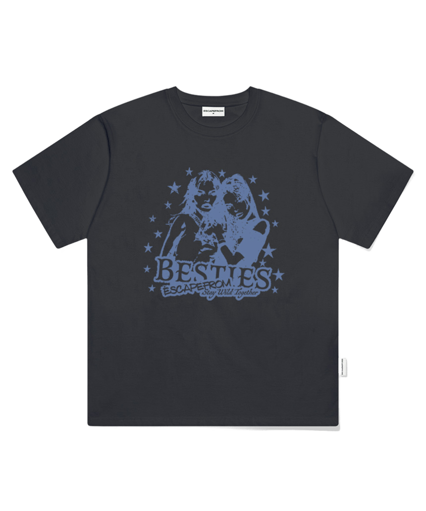 E261OTS124BW Escapefrom Bestie Print Oversized T-Shirt Charcoal