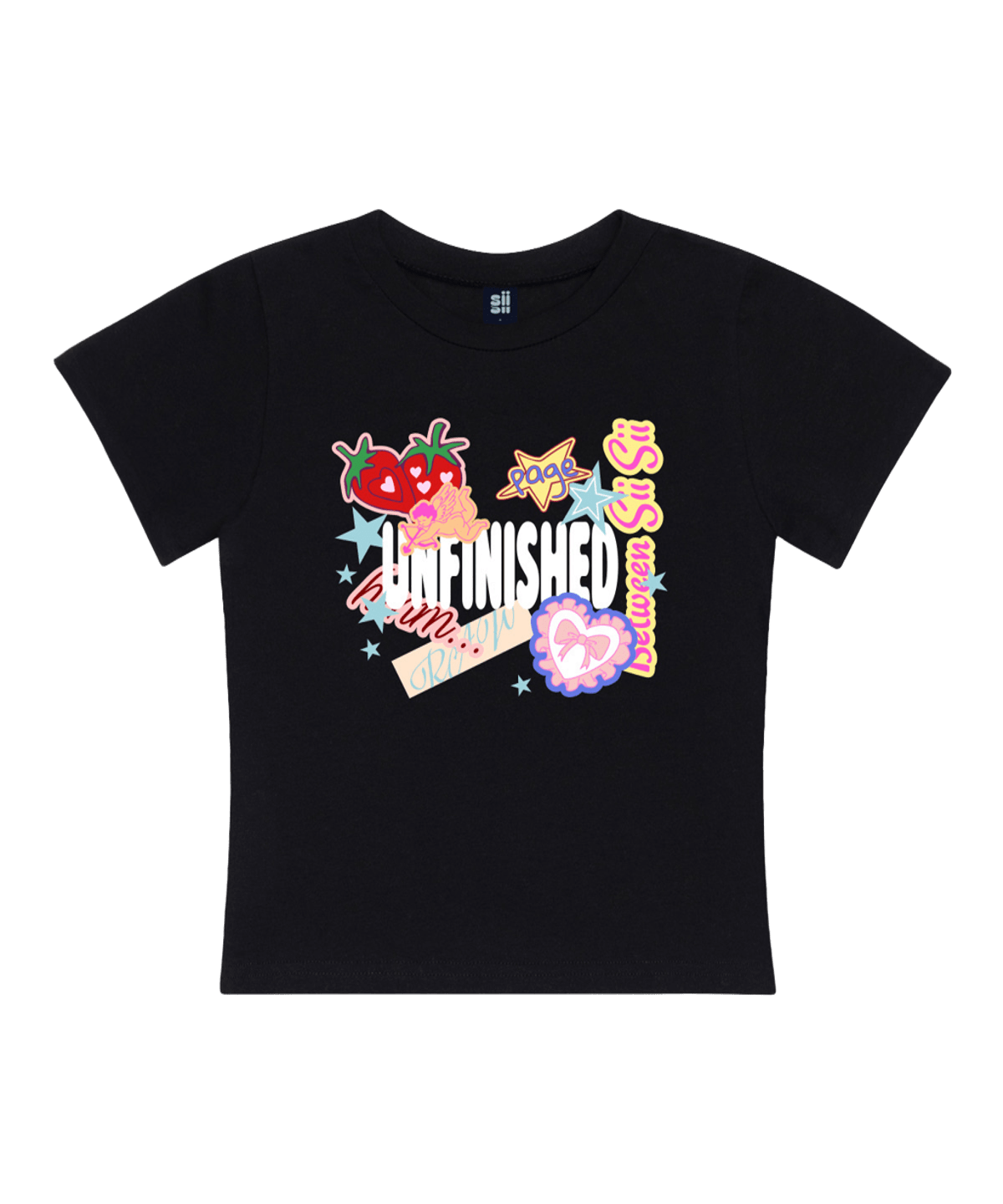 P261STS004BK pagesiisii Unfinished Stickers Print Slim Fit T-Shirt Black