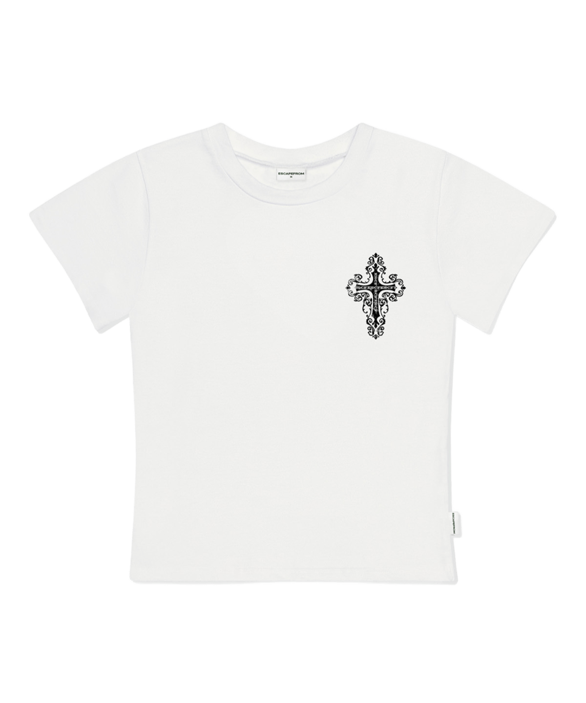 이스케이프프롬 스몰 빈티지 크로스 프린트 슬림핏 반팔티 아이보리(Escapefrom Small Vintage Cross Print Slim Fit T-Shirt Ivory)