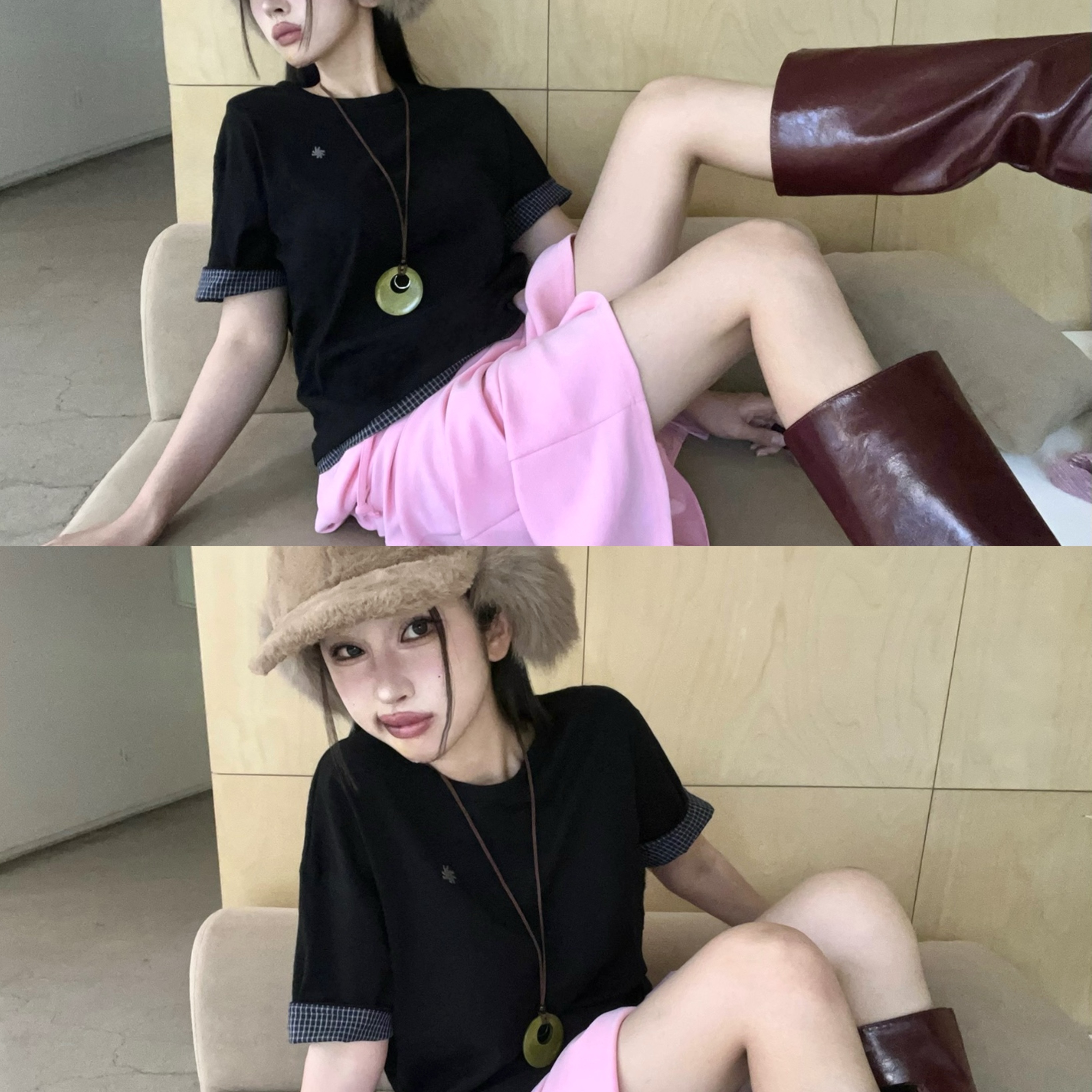SLOW RECORD HOUSE Layered Check Roll-Up T-Shirt Black 착용 스타일 - 4