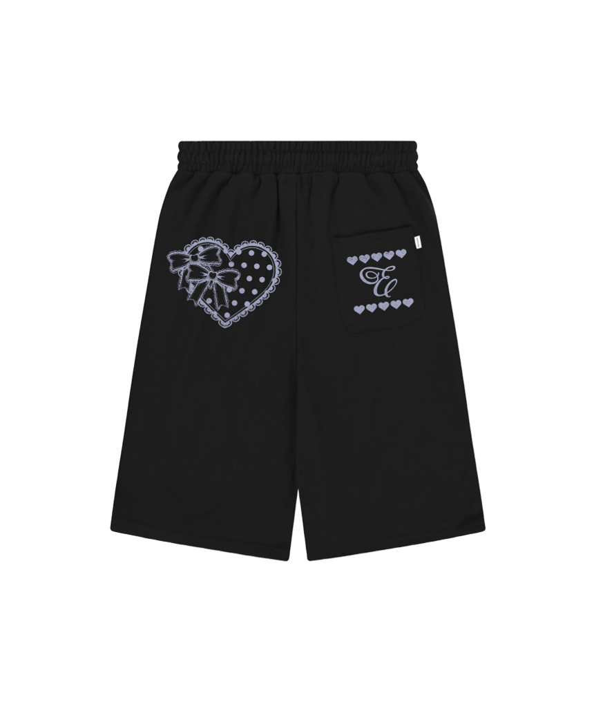 E261BT004BK Escapefrom Lace Dot Heart Print Bermuda Sweatpants Black