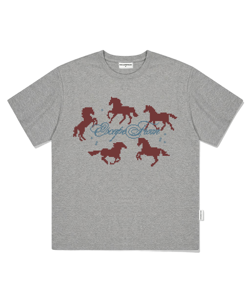 E261OTS149GR Escapefrom Around Horse Print Oversized T-Shirt Gray