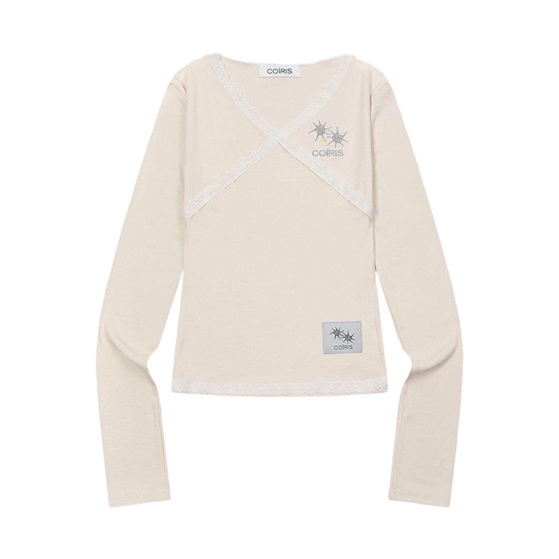C-P00000GH Coiris Rase Lace Cross V-Neck Long Sleeve T Beige