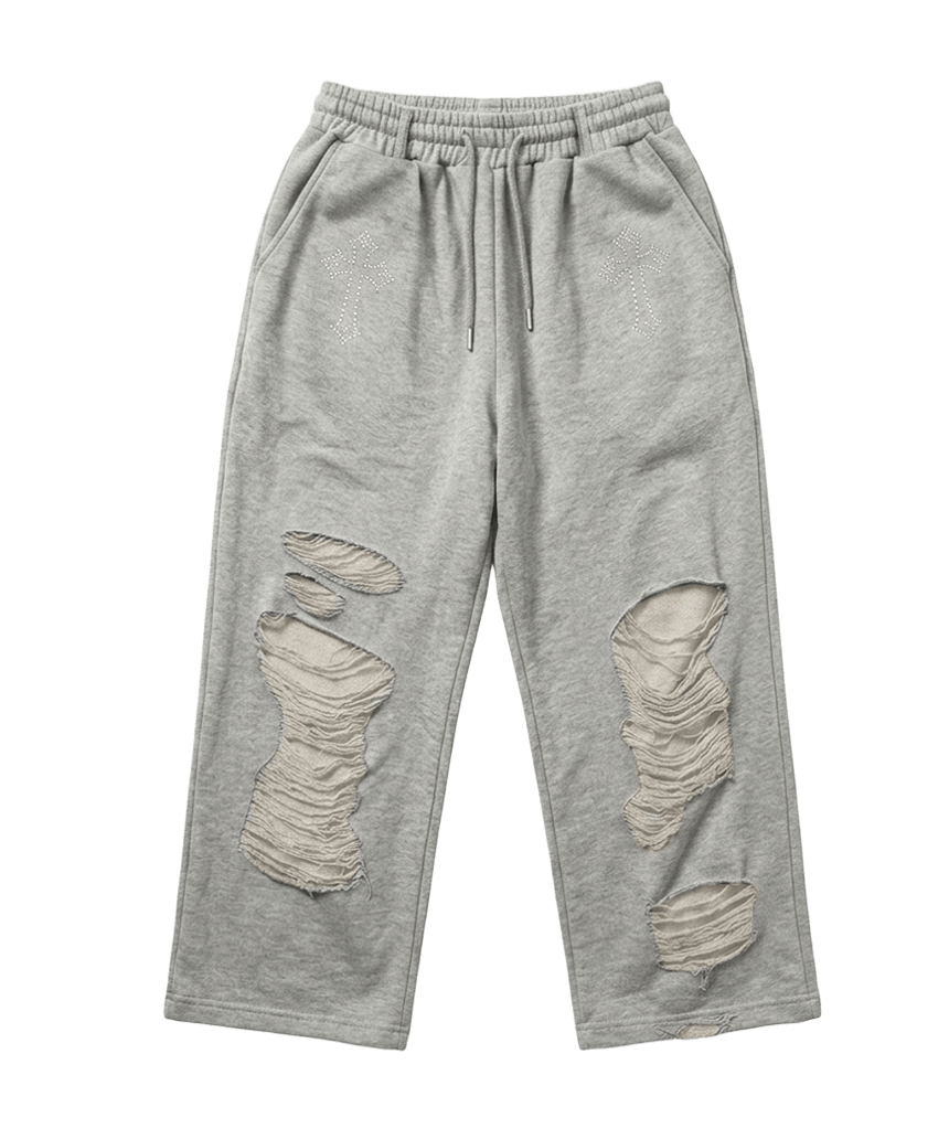 E261DSP005GR Escapefrom Cross Hotfix Distressed Point Sweatpants Gray
