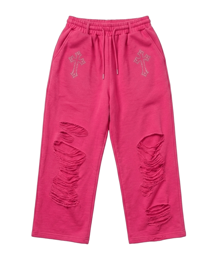E261DSP007PN Escapefrom Cross Hotfix Distressed Point Sweatpants Pink
